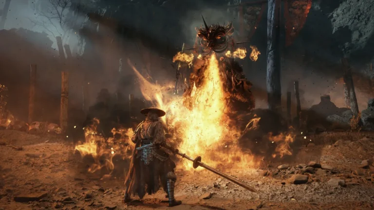 Phantom Blade Zero protagonist Soul facing a burning enemy in a ruined village