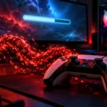 Gaming PC desk with a controller as red malware code streams from a zip file, illustrating PS5 emulator malware