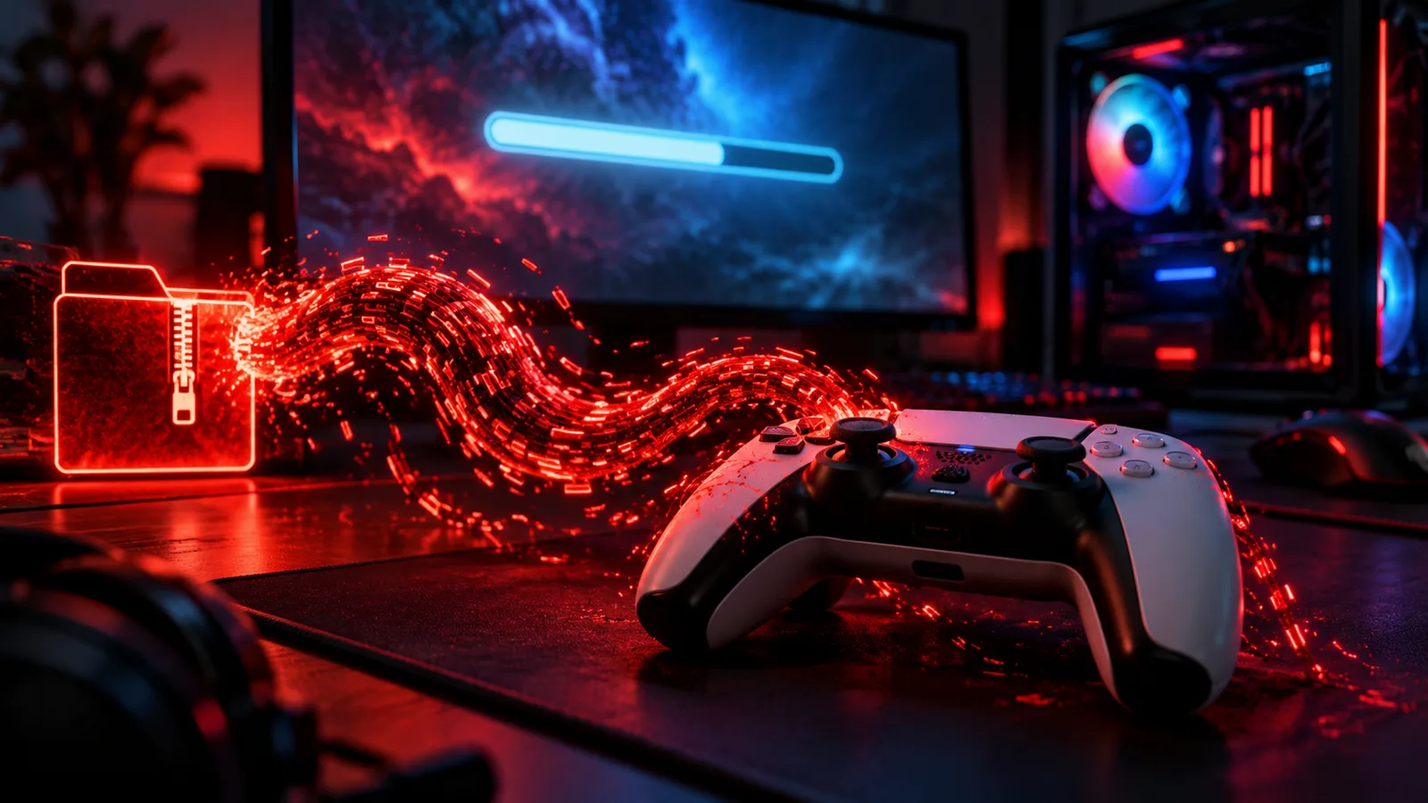 Gaming PC desk with a controller as red malware code streams from a zip file, illustrating PS5 emulator malware