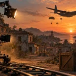PUBG Netflix series concept: film set of an island village at dusk with a cargo plane dropping parachutes