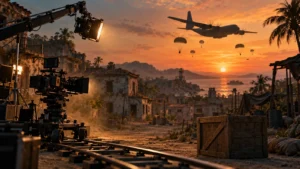 PUBG Netflix series concept: film set of an island village at dusk with a cargo plane dropping parachutes