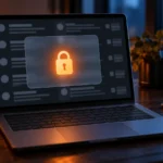 Reddit login requirement concept: laptop showing blurred discussion threads behind a frosted panel with a glowing padlock, phone beside it