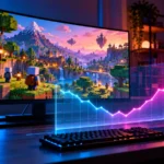 Roblox Q3 earnings concept: gaming monitor showing a blocky voxel world with a glowing chart that dips and then rises