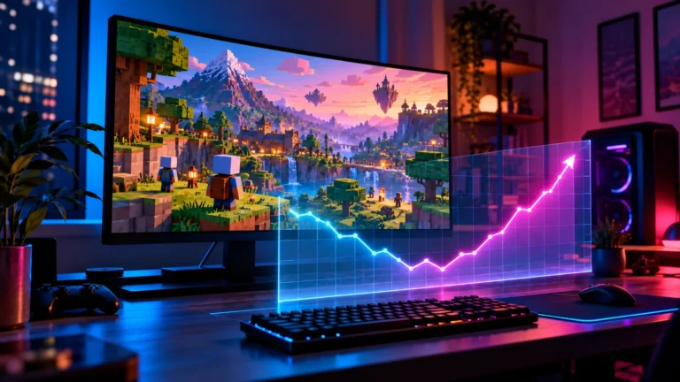 Roblox Q3 earnings concept: gaming monitor showing a blocky voxel world with a glowing chart that dips and then rises