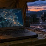 Rugged laptop showing a supply route map in a field logistics tent, illustrating the Salesforce Rune acquisition