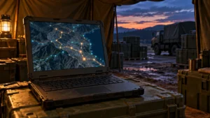 Rugged laptop showing a supply route map in a field logistics tent, illustrating the Salesforce Rune acquisition
