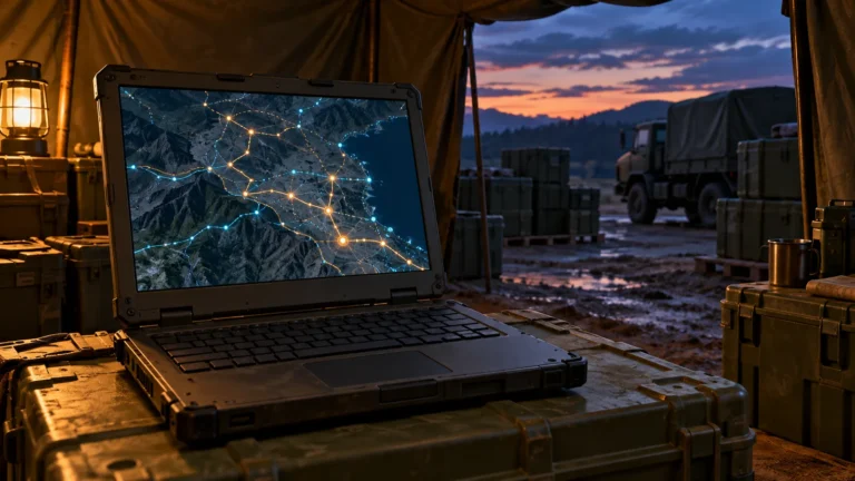 Rugged laptop showing a supply route map in a field logistics tent, illustrating the Salesforce Rune acquisition