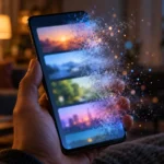 Hand holding an Android phone whose home screen news feed cards dissolve into light, illustrating Samsung News shutting down