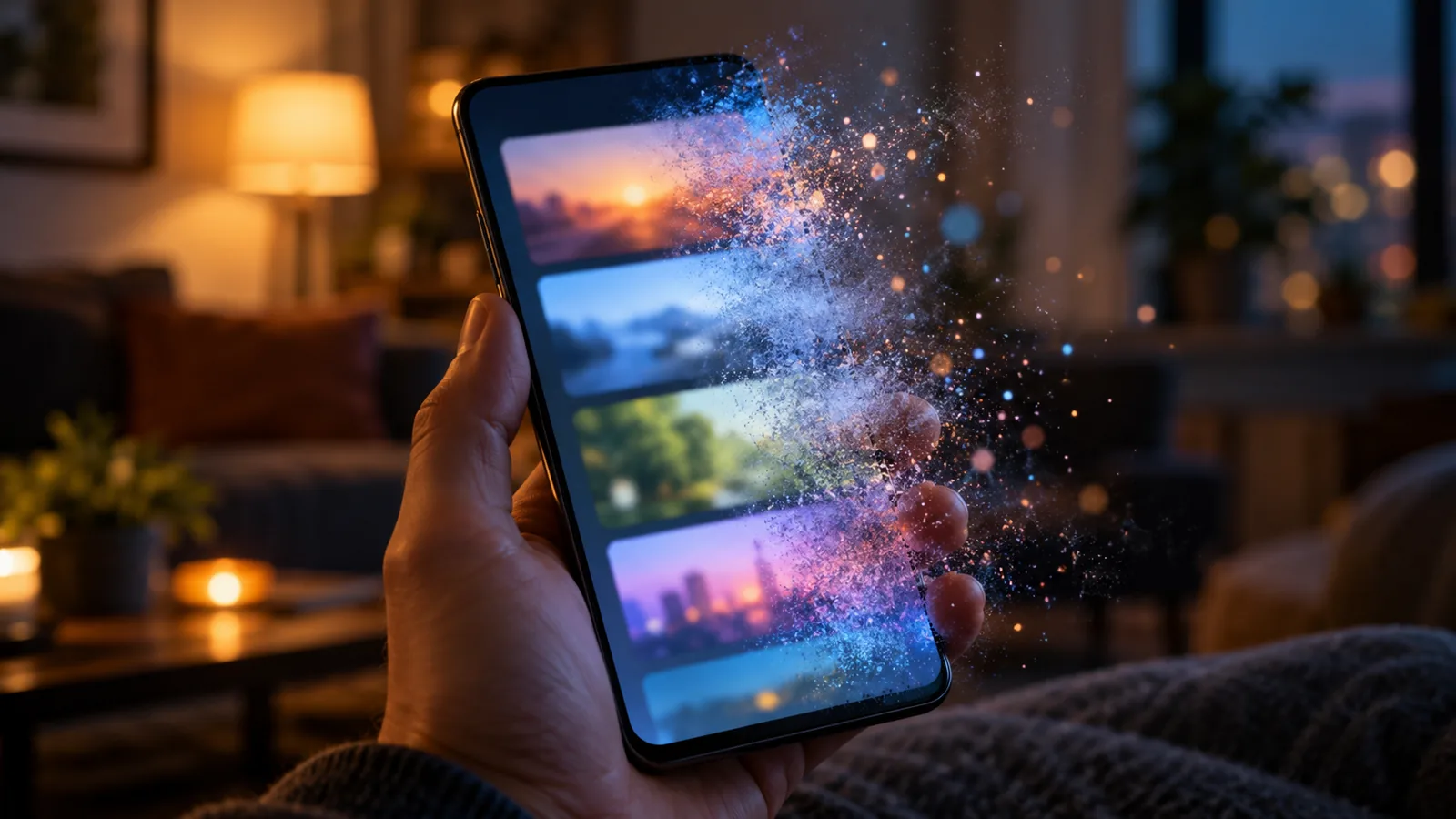 Hand holding an Android phone whose home screen news feed cards dissolve into light, illustrating Samsung News shutting down