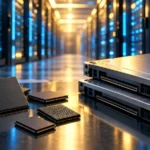 Flash memory chips and enterprise SSDs in an AI data center, illustrating the Sandisk stock split news