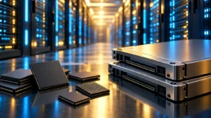 Flash memory chips and enterprise SSDs in an AI data center, illustrating the Sandisk stock split news