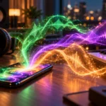 Spotify AI remix concept: colorful audio waveforms flowing out of a smartphone in a home music studio at night