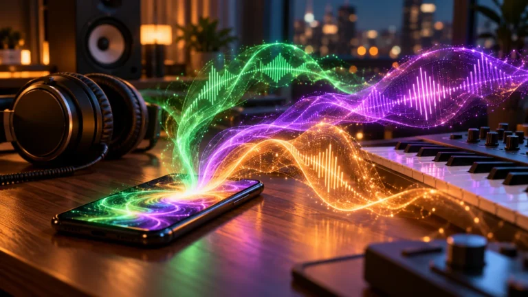 Spotify AI remix concept: colorful audio waveforms flowing out of a smartphone in a home music studio at night