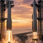 Starship Flight 15 concept: two Starship rockets beside launch towers at Starbase at sunset