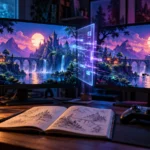 Indie game developer desk with two monitors showing an original pixel art game and a glitchy AI clone copy, illustrating Steam AI games