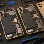 Trump phone durability test concept: two opened gold smartphones with identical motherboards on a repair mat with teardown tools