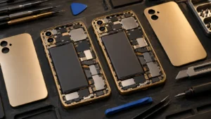 Trump phone durability test concept: two opened gold smartphones with identical motherboards on a repair mat with teardown tools