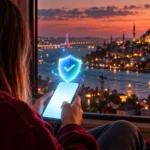 Teenager holding a smartphone with a glowing blue shield check icon in front of the Istanbul skyline at sunset, illustrating Turkey social media age verification