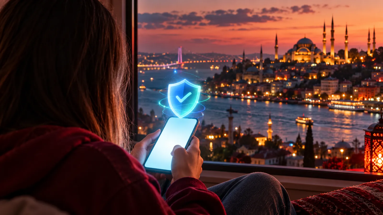 Teenager holding a smartphone with a glowing blue shield check icon in front of the Istanbul skyline at sunset, illustrating Turkey social media age verification