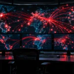 Vapor Panda AI hacking campaign concept: security operations room with world map screens showing red attack paths spreading across many countries