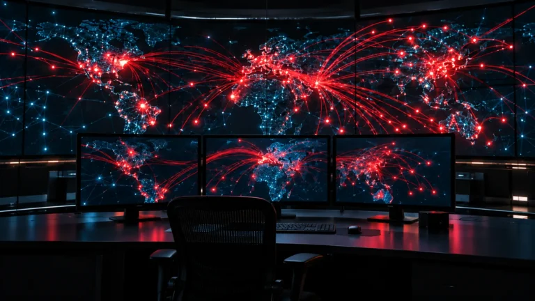 Vapor Panda AI hacking campaign concept: security operations room with world map screens showing red attack paths spreading across many countries