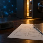 Cold wallet concept: an unplugged hardware crypto wallet beside a recovery phrase sheet and steel backup plate in front of an open safe