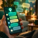 Hand holding a smartphone with colorful group chat bubbles and a pin icon floating above the screen, illustrating new WhatsApp group chat features
