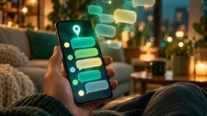 Hand holding a smartphone with colorful group chat bubbles and a pin icon floating above the screen, illustrating new WhatsApp group chat features