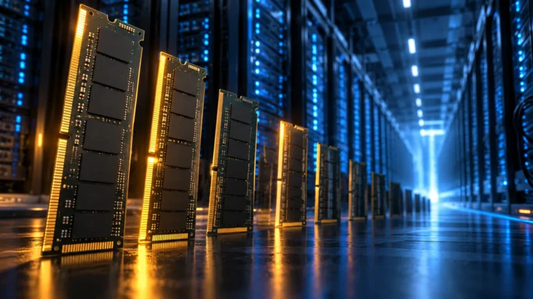 Desktop DDR5 RAM sticks glowing amber in front of blurred AI data center server racks