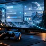 Gaming PC monitor showing a floating search panel with setting sliders, a controller and a connected smartphone, illustrating the Windows 11 search update