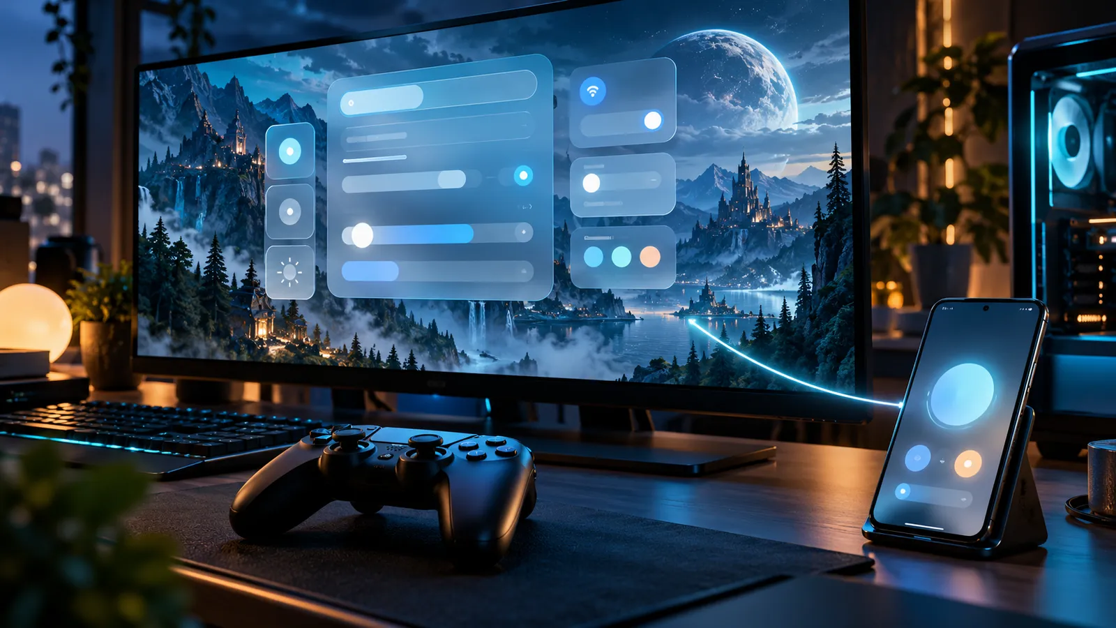 Gaming PC monitor showing a floating search panel with setting sliders, a controller and a connected smartphone, illustrating the Windows 11 search update