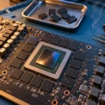 RTX 5090 96GB VRAM mod concept: bare graphics card board with memory chips on a rework bench